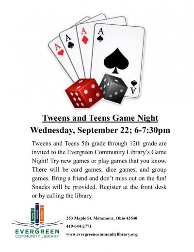 Tweens and Teens Game Night graphic